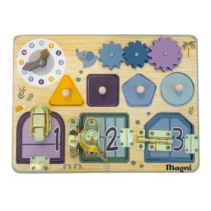 Tableau d’éveil Montessori en bois Magni – Verrous & engrenages
