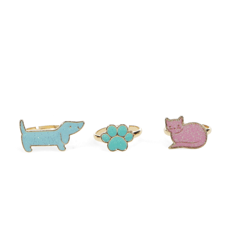 Lot de 3 bagues pailletées enfant chien patte et chat