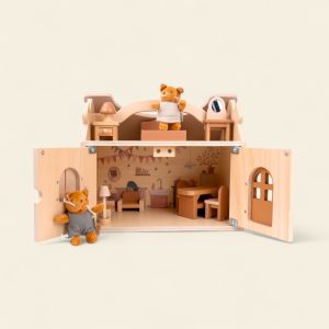 Maison de poupées en bois avec écureuils en peluche et mobilier