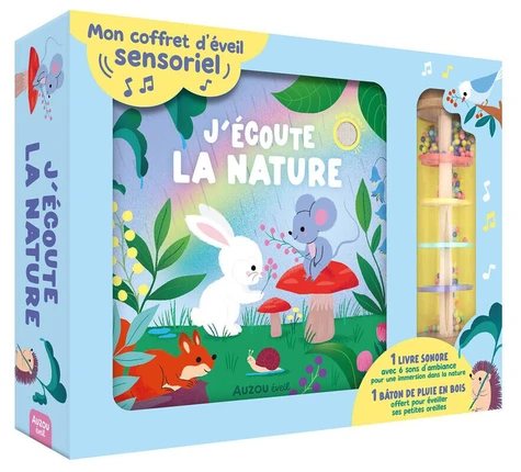 Coffret d'éveil sensoriel J'écoute la nature – Livre sonore et bâton de pluie – Auzou