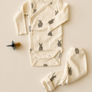 Body bébé coton bio Hoho écru lapins porté avec le legging Rom Pom, Studio Bohème