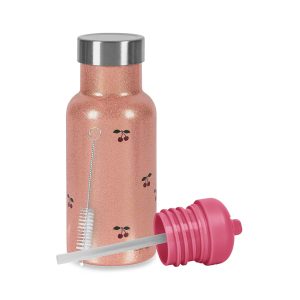 Gourde isotherme enfant rouge cerise pailletée avec paille, Konges Sløjd